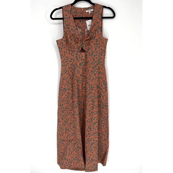 Madewell Dresses & Skirts - Madewell Dress Womens 2 Orange Green Floral Midi‎ Tie Front Cutout V Neck Cotton